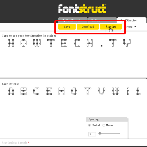 previewing, saving and downloading the fonts created