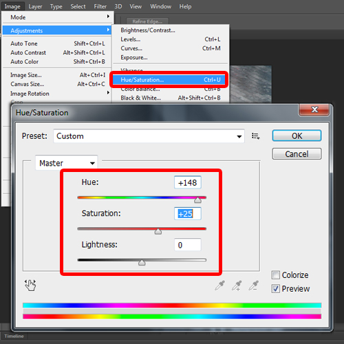 adjusting the hue and saturation adjustment filter