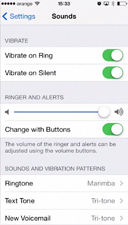 menu that controls sound on iPhone running on iOS 7