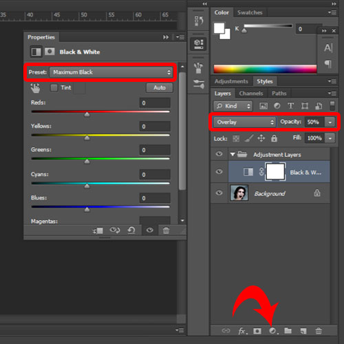 adding the black and white adjustment layer