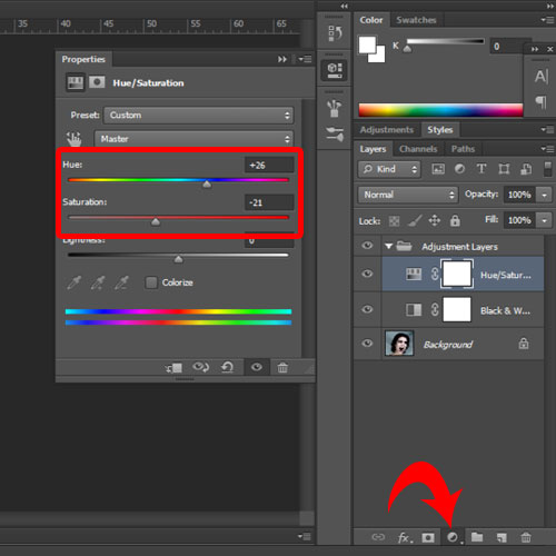 adding the hue and saturation adjustment layer