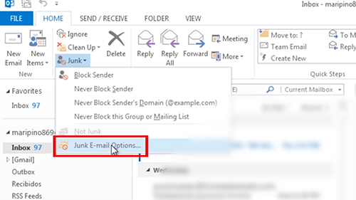 Click on the Junk E-mail Options