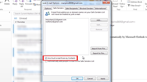 Check the Also trust e-mail from my Contacts option