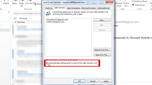 Check the Automatically add these people’s e-mail to the Safe Senders List option