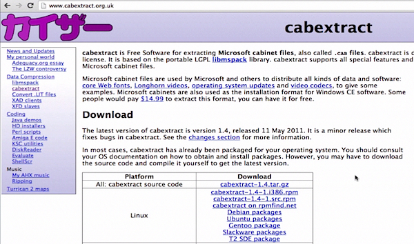 the webpage of Cabextract software