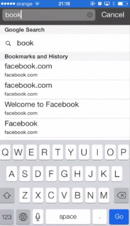 Safari app showing browser search history on iPhone running on iOS 7