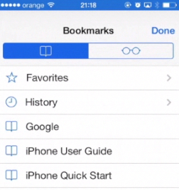 tapping  „Bookmark” icon of Safari app on iPhone running on iOS 7