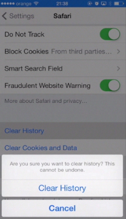 deleting search history via „Settings” app on iPhone running on iOS 7