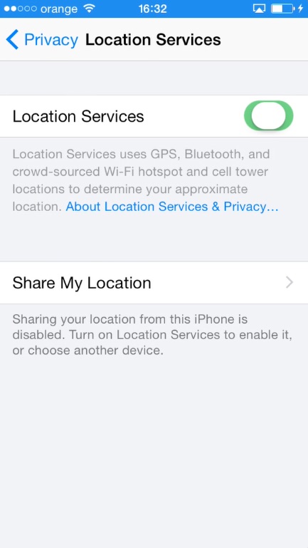 turning on Location Services in iPhone running on iOS8