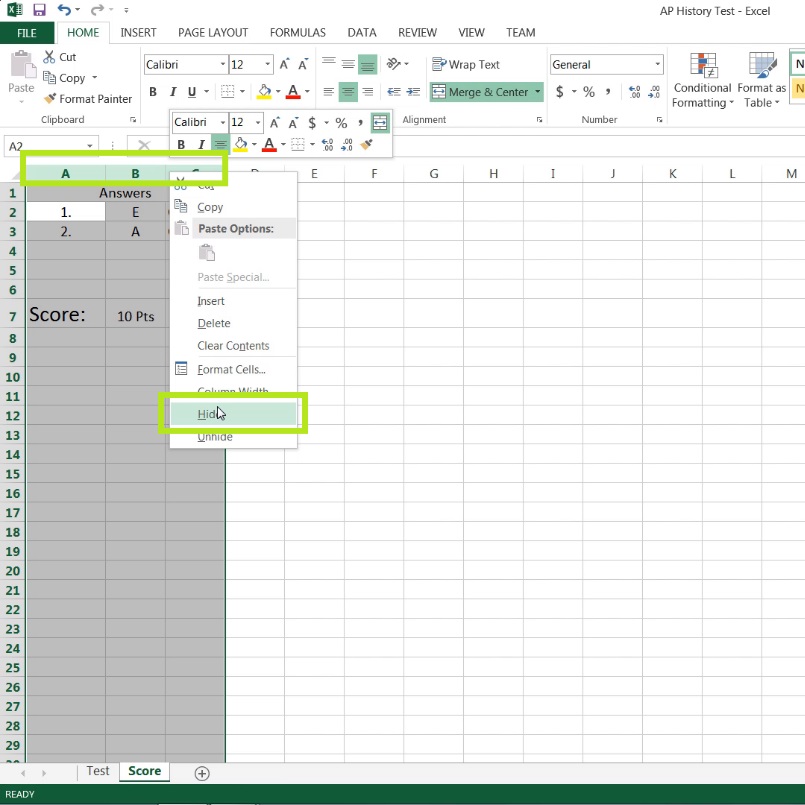 Select the columns with elements on the Score sheet