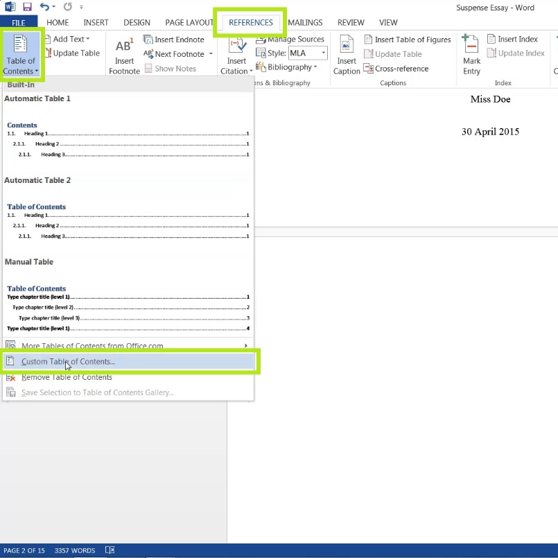 word create table of contents with links