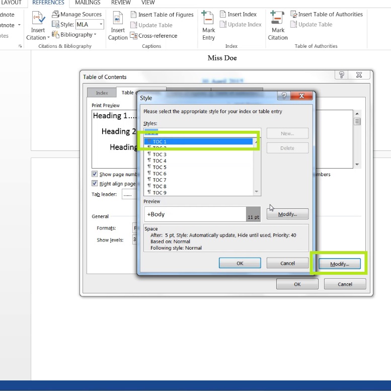 create table of contents in word 2013