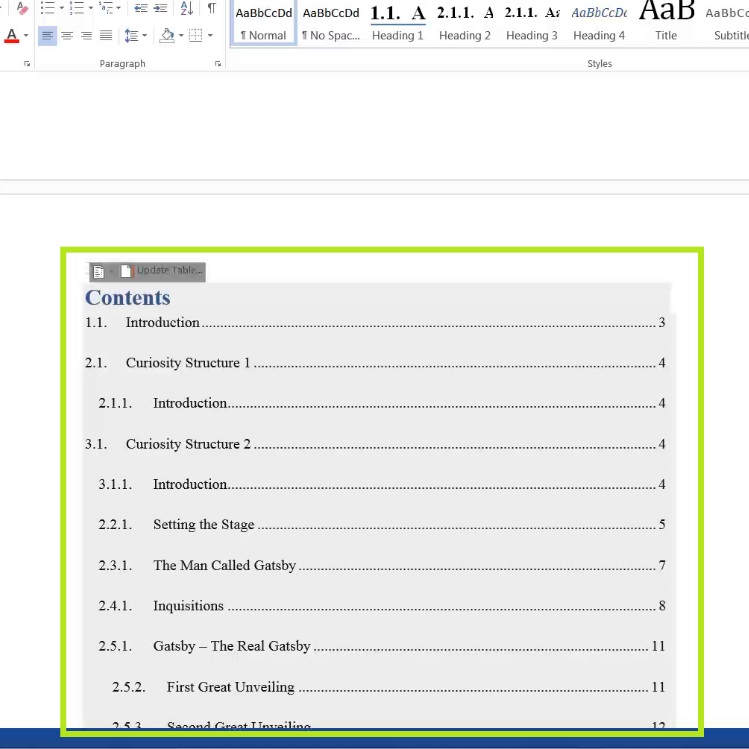 create table of contents in word starter 2013