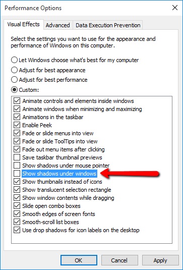 Disable Windows 10 Drop Shadows