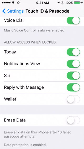 iPhone settings on iOS 9