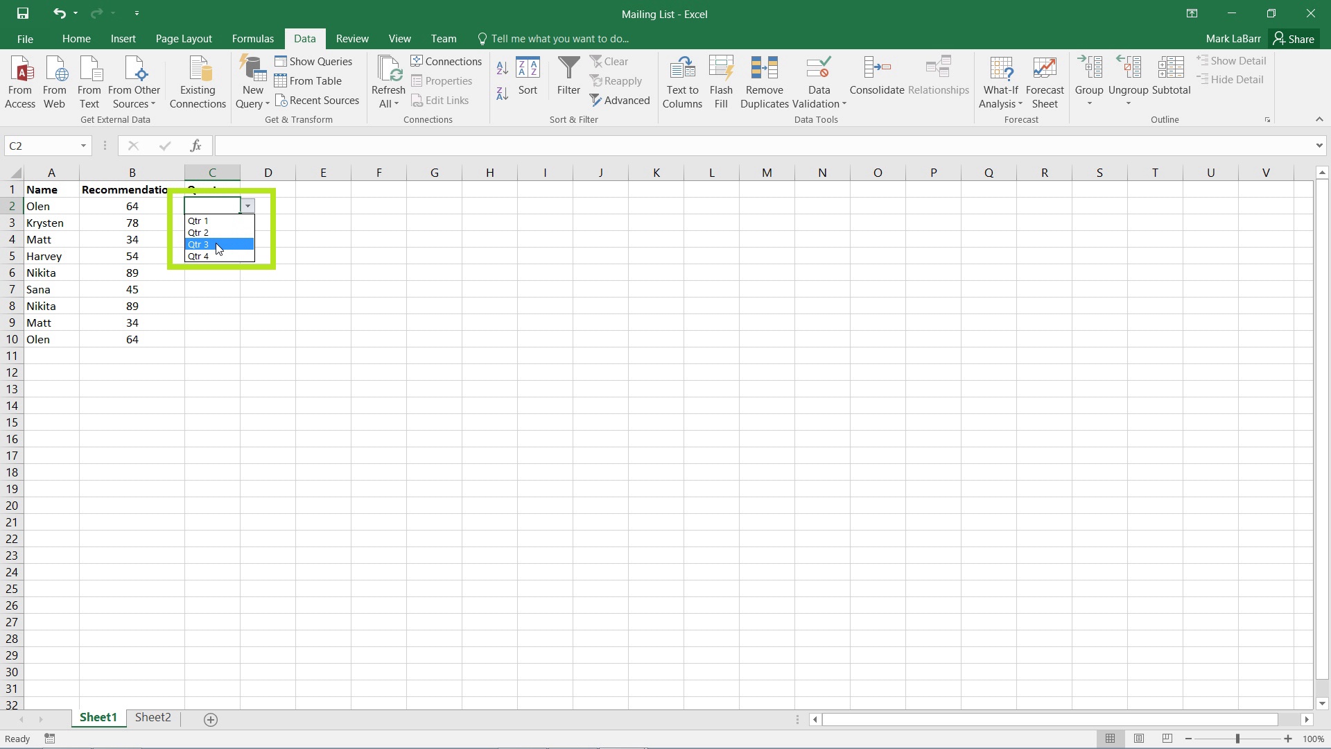 drop down list in excel