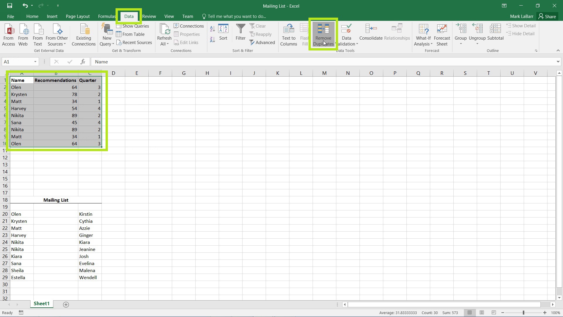 Remove Duplicate Entries in Excel 2016