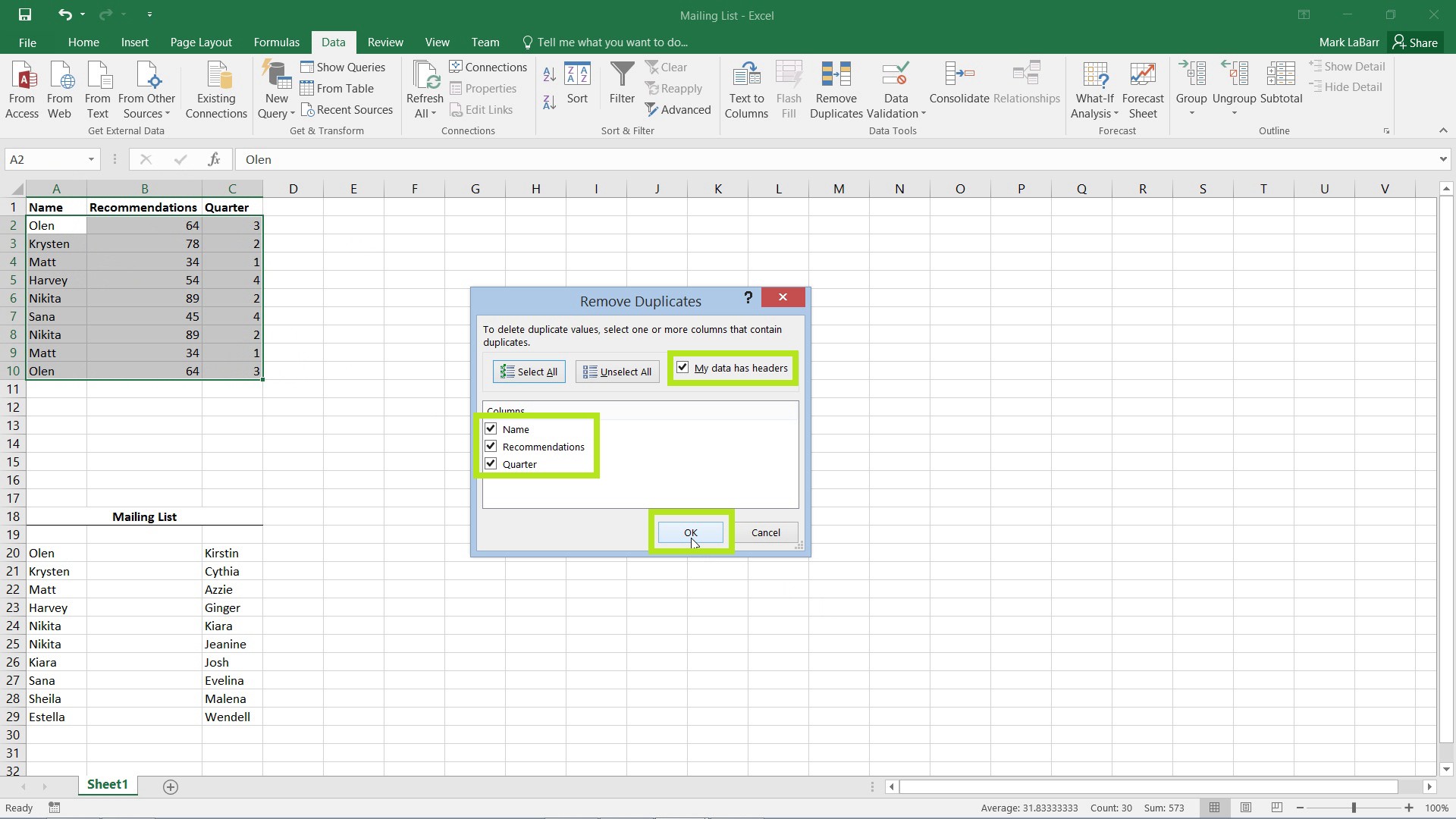 Remove Duplicate Entries in Excel 2016