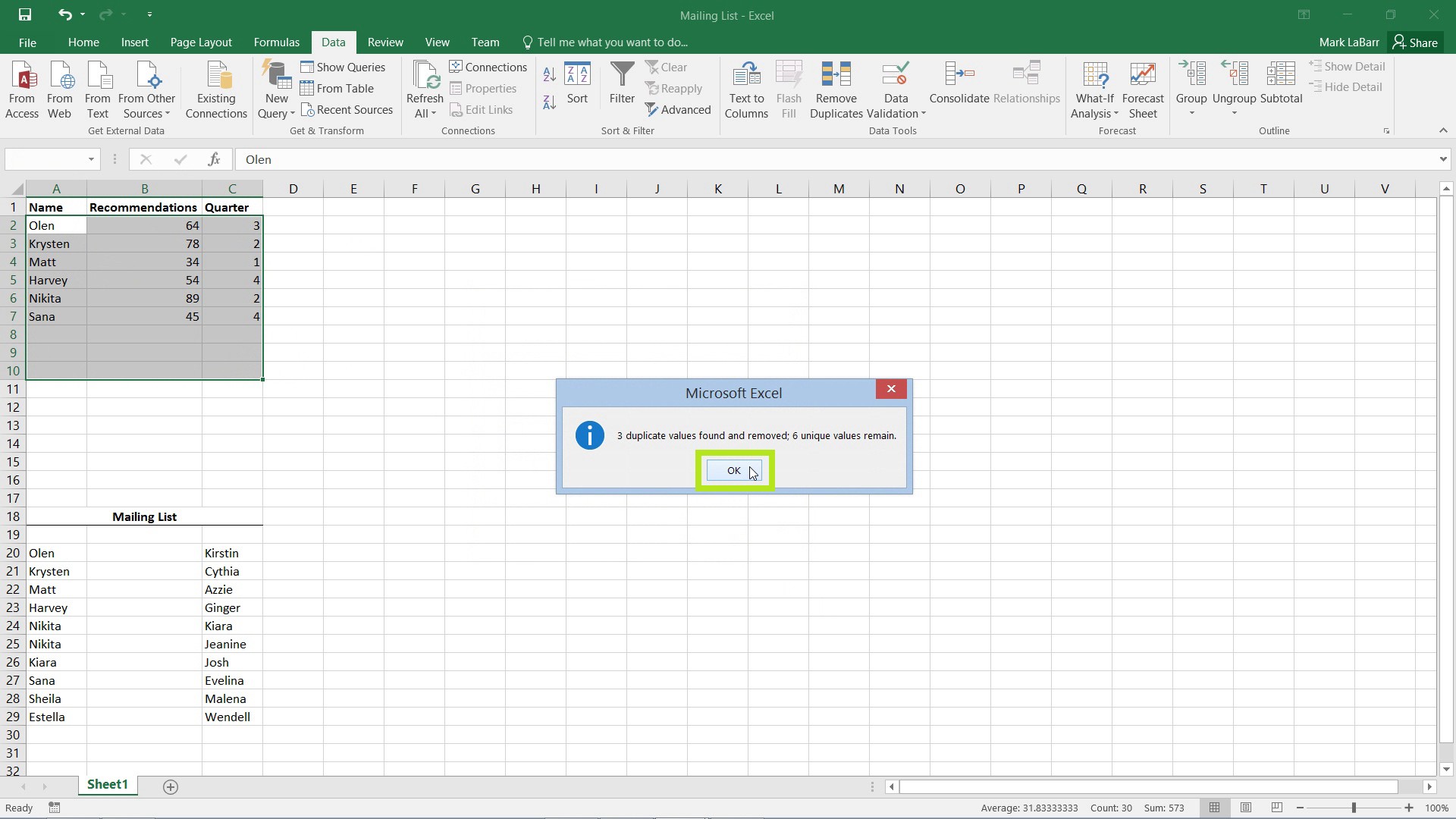 Remove Duplicate Entries in Excel 2016