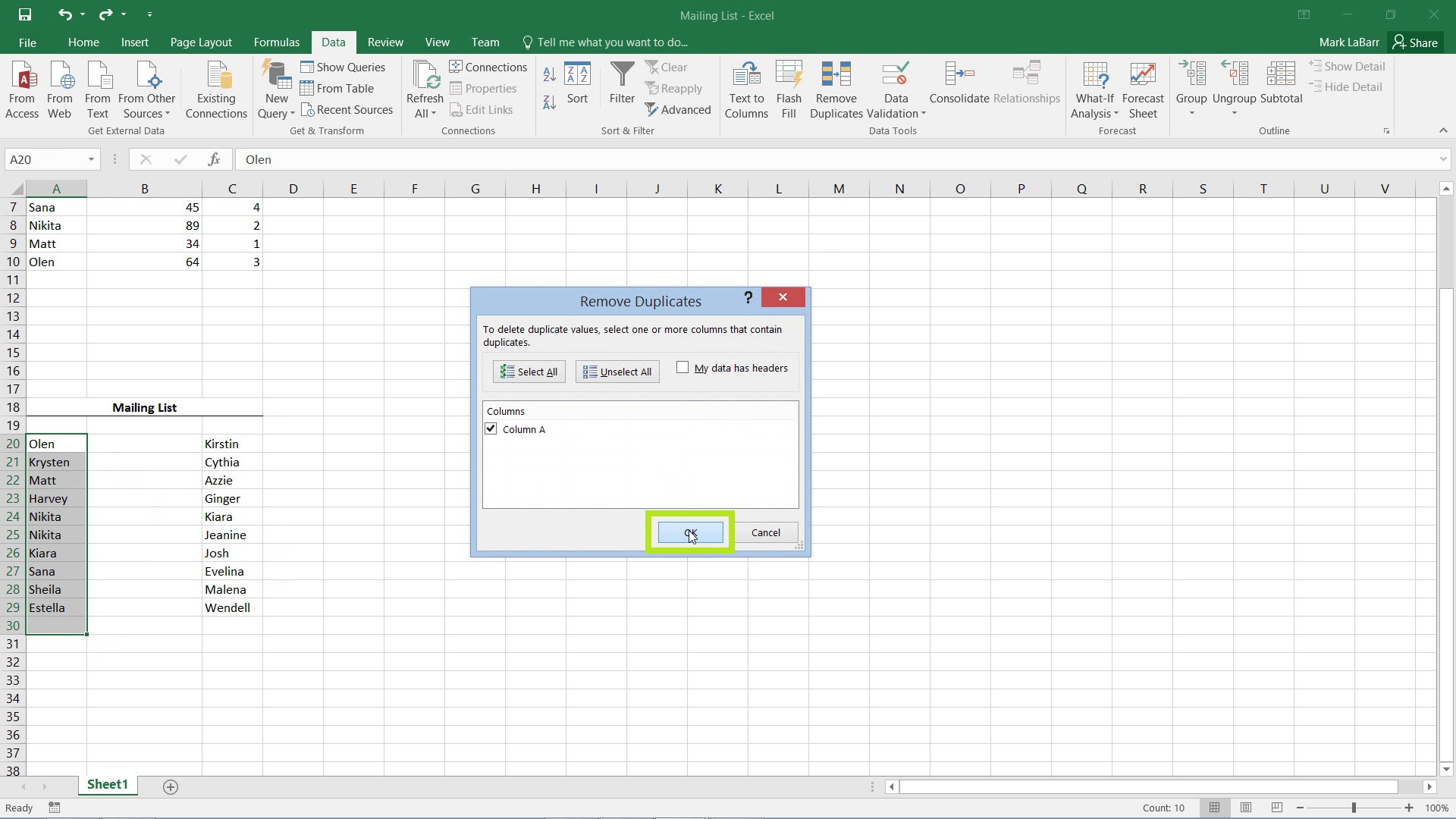 Remove Duplicate Entries in Excel 2016