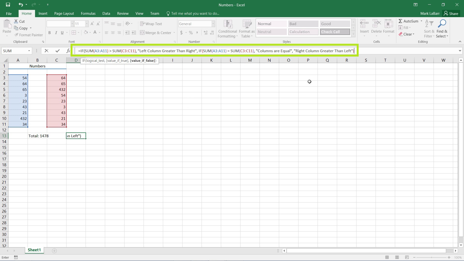 does not equal sign excel if statement