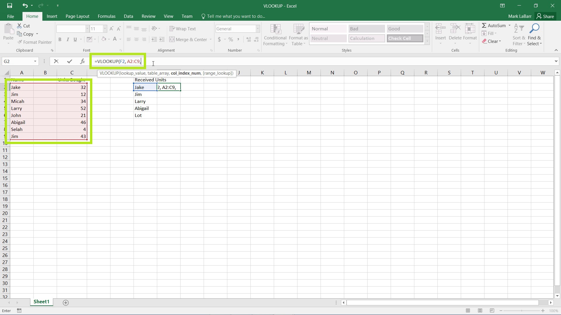 use VLOOKUP in Excel 2016