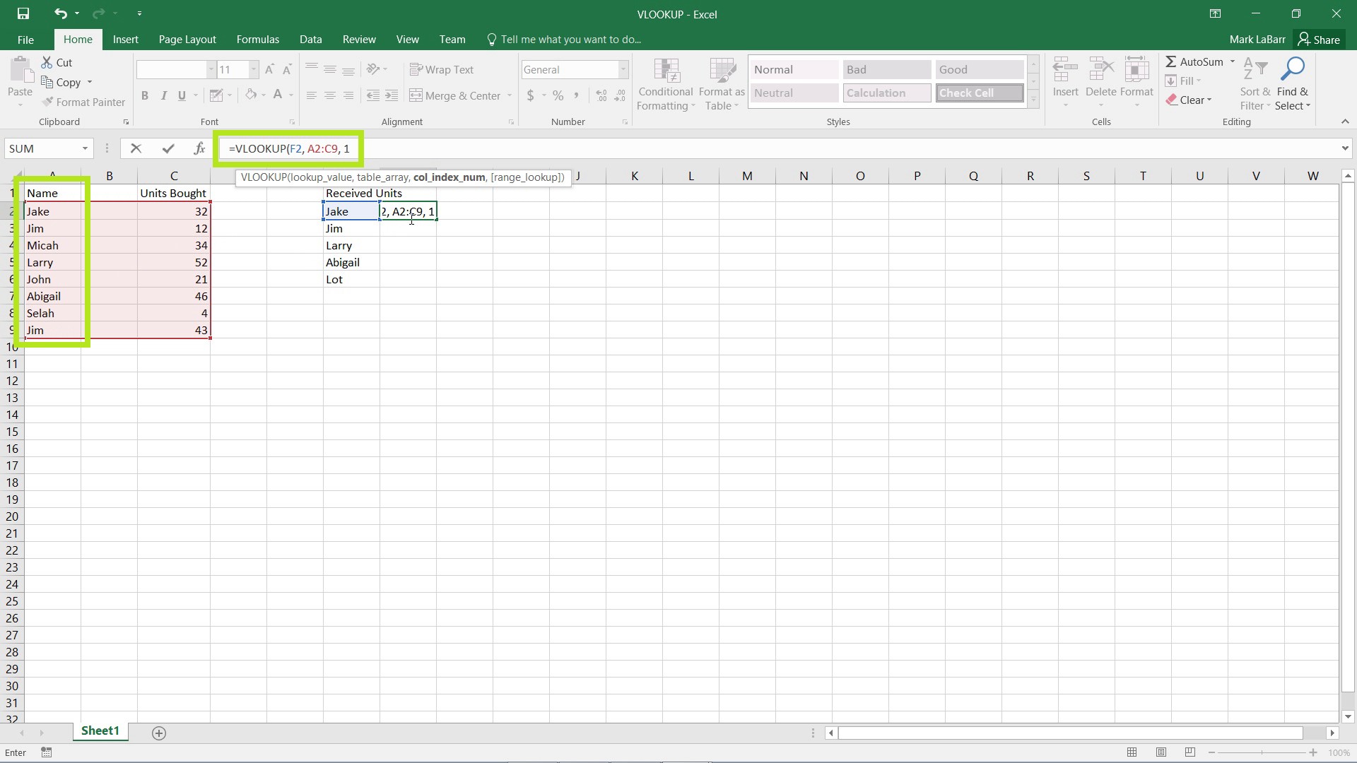 use VLOOKUP in Excel 2016