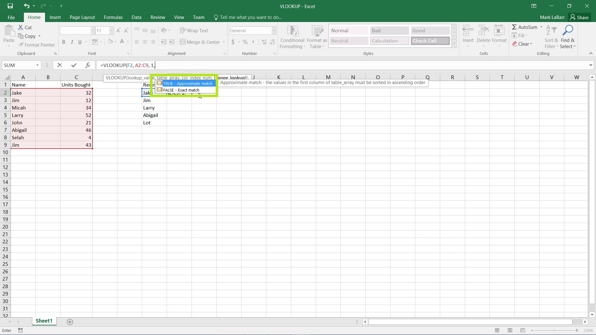 use VLOOKUP in Excel 2016