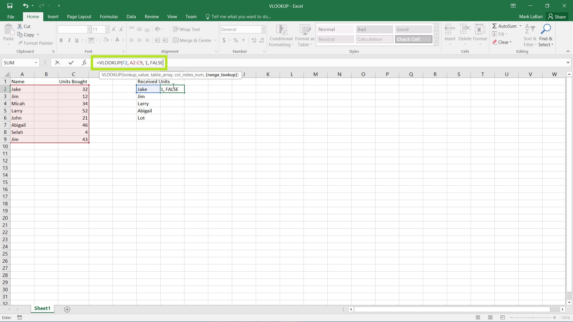 use VLOOKUP in Excel 2016