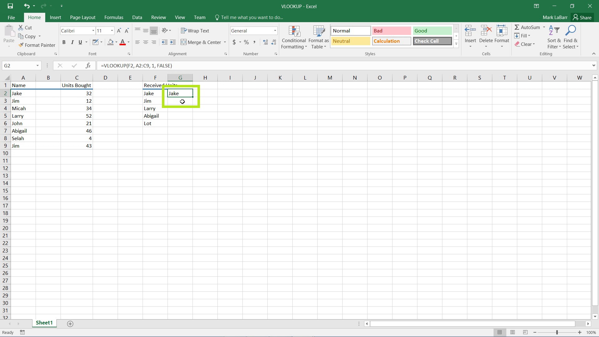 use VLOOKUP in Excel 2016