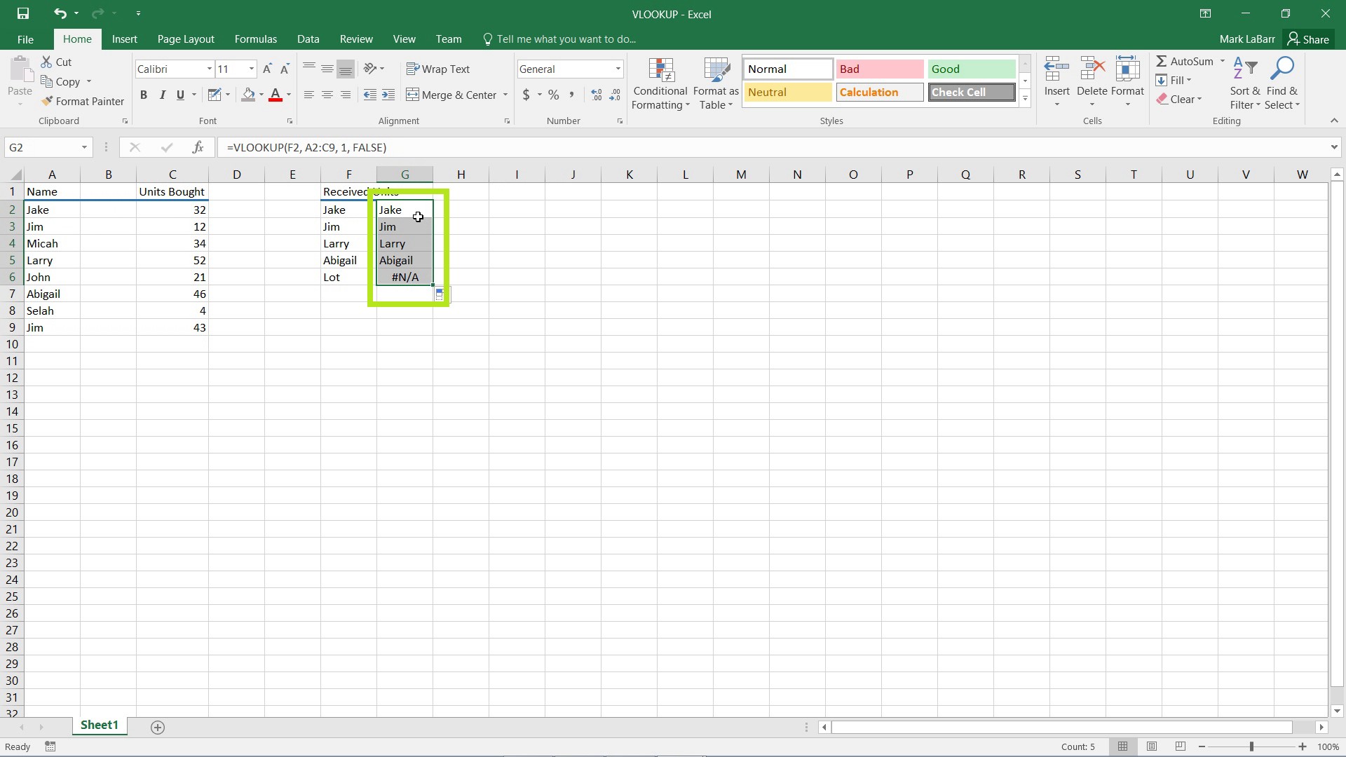 use VLOOKUP in Excel 2016