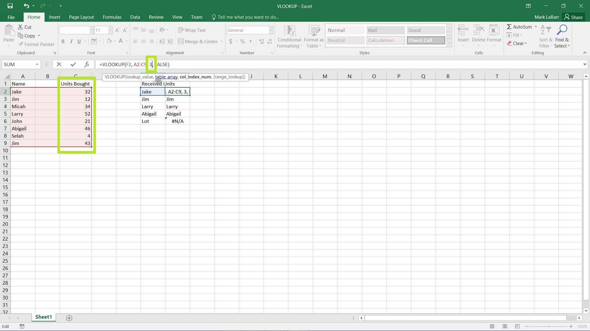 use VLOOKUP in Excel 2016