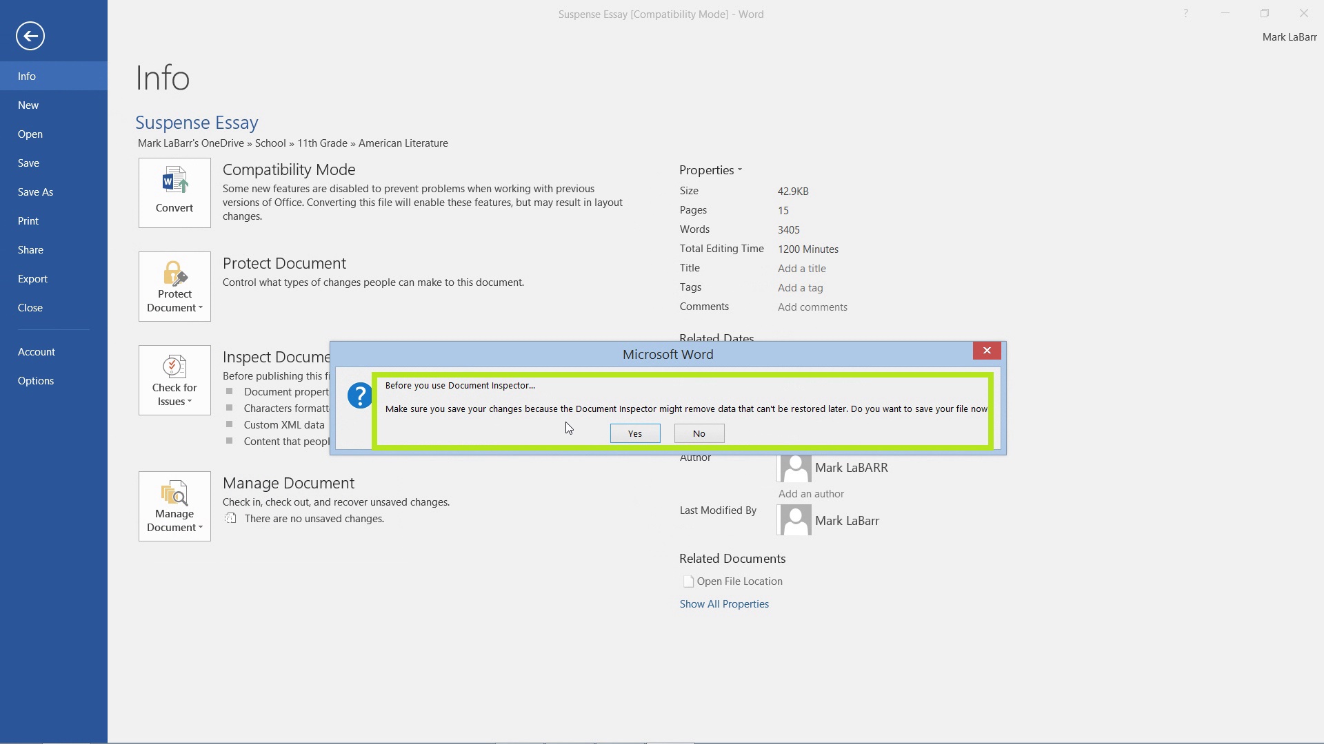 where is the document inspector in excel 2016