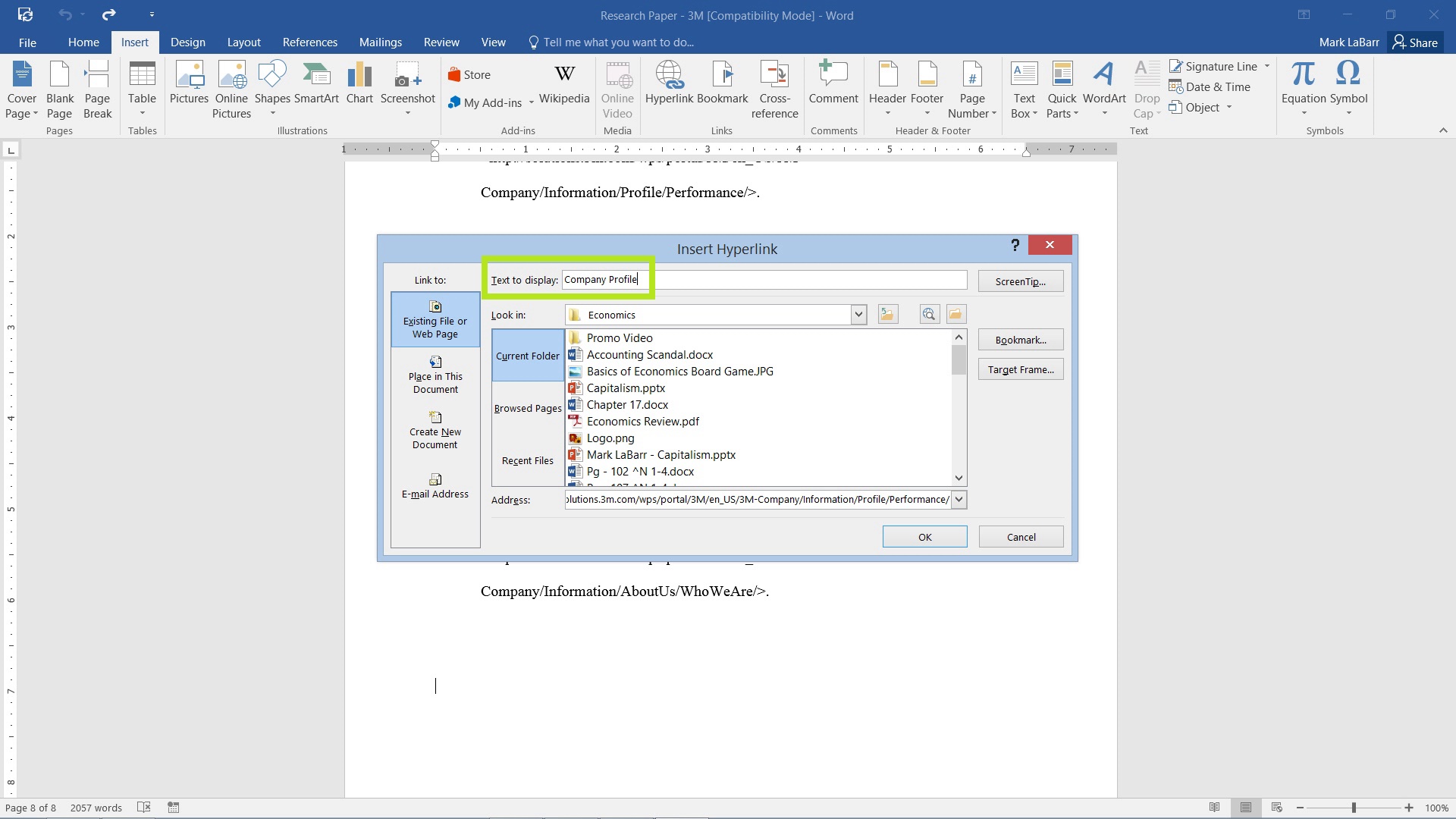 document info on the insert tab in 2016