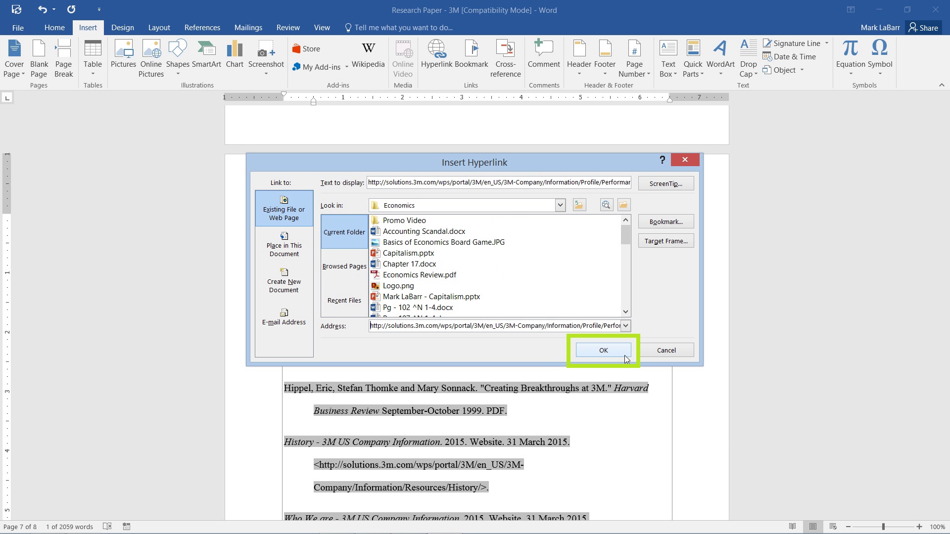 how do you create a hyperlink in word 2010