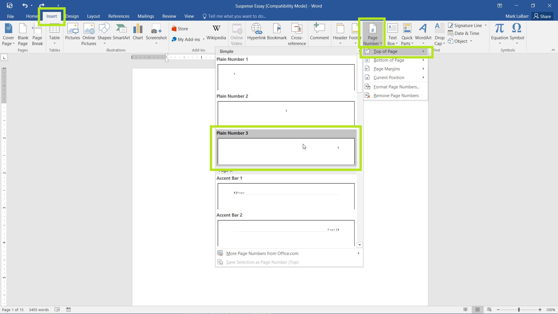  Add Page Numbers in Word 2016