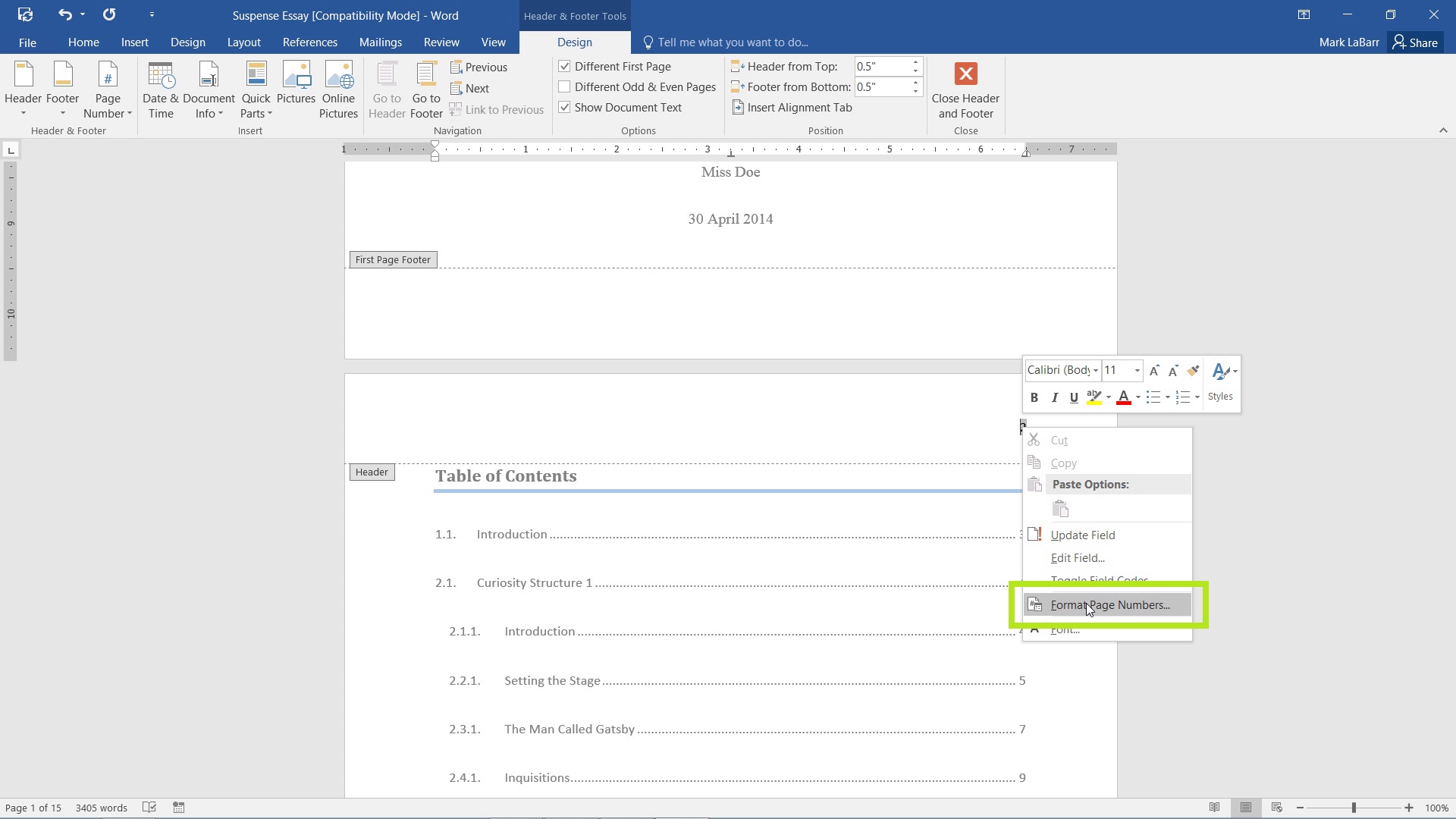 format page numbering in word 2016