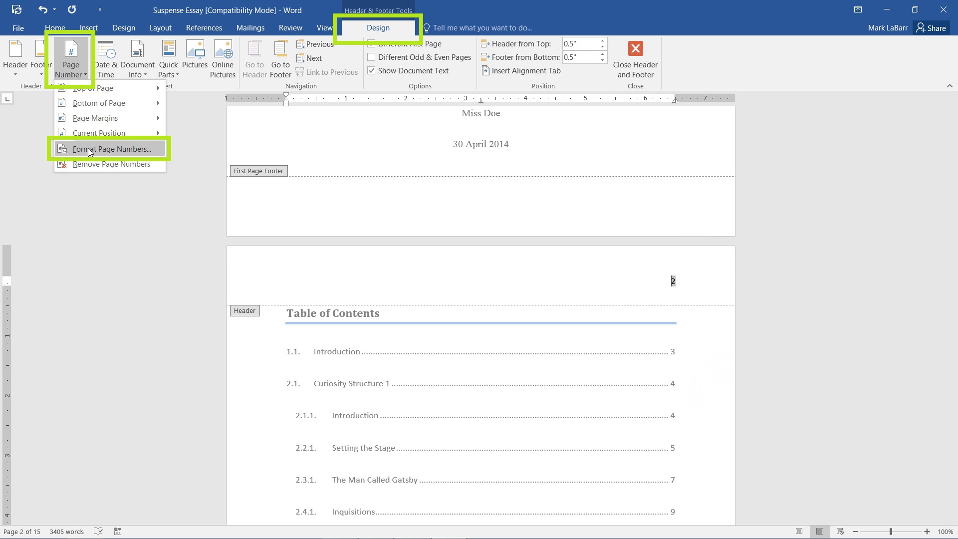  Add Page Numbers in Word 2016