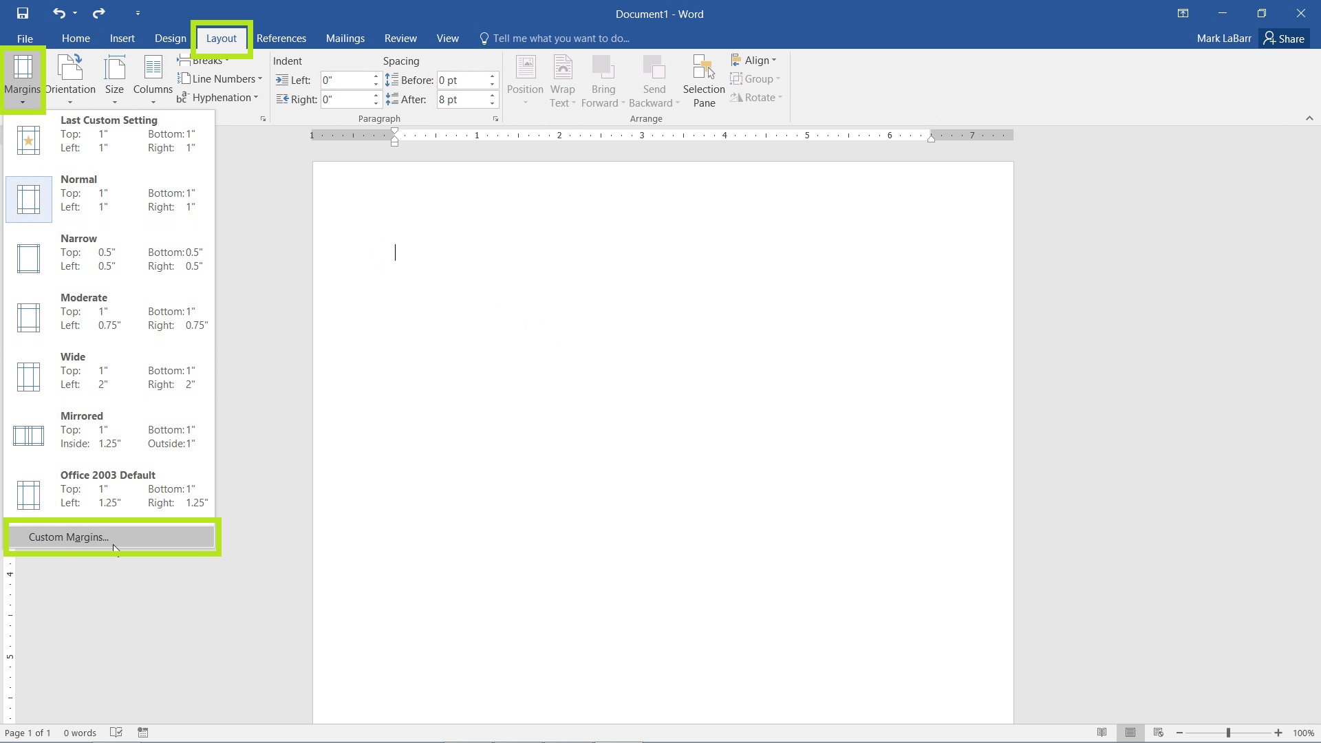 how set default layout in word 2016