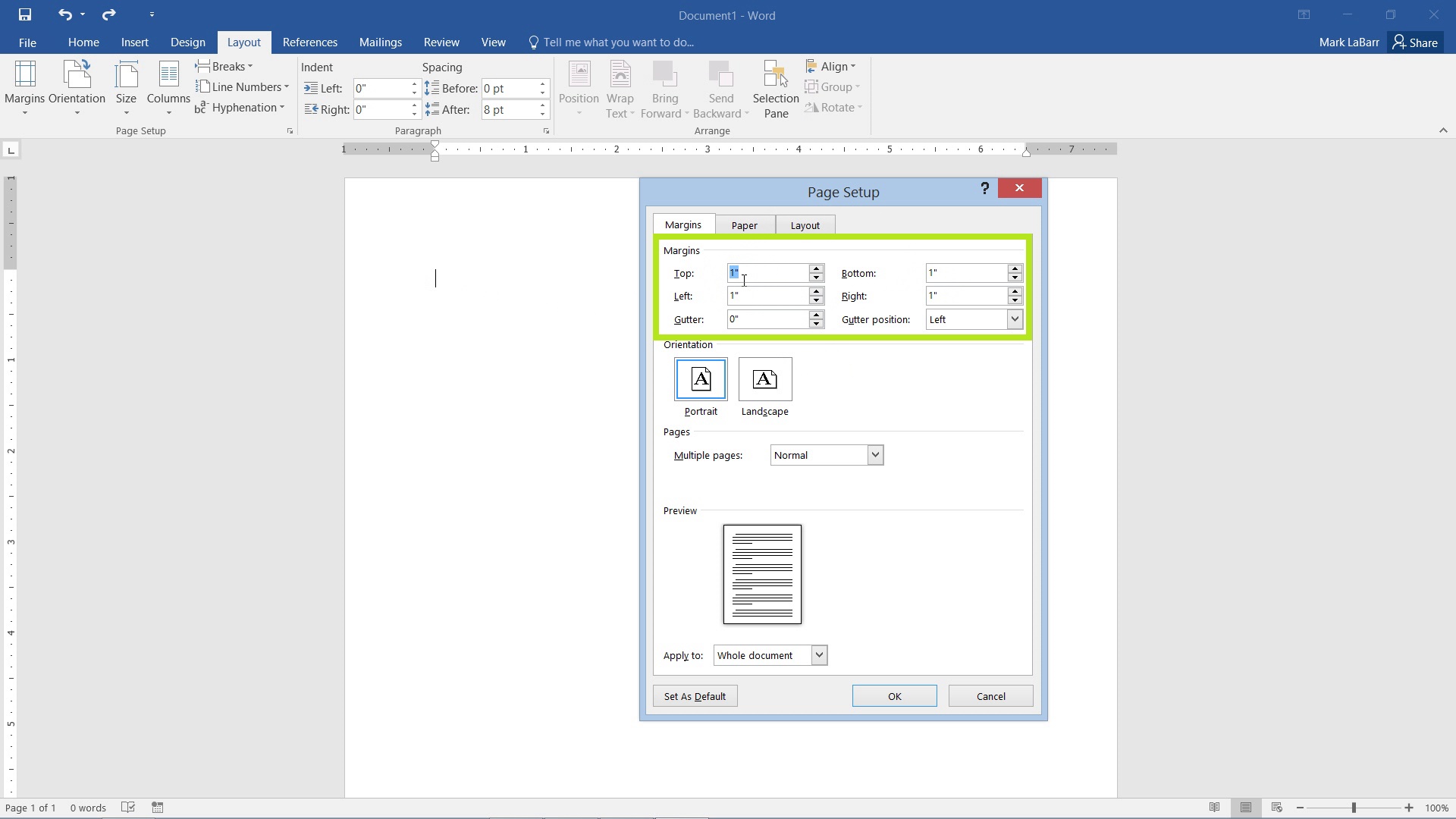 changing margins in word 2016