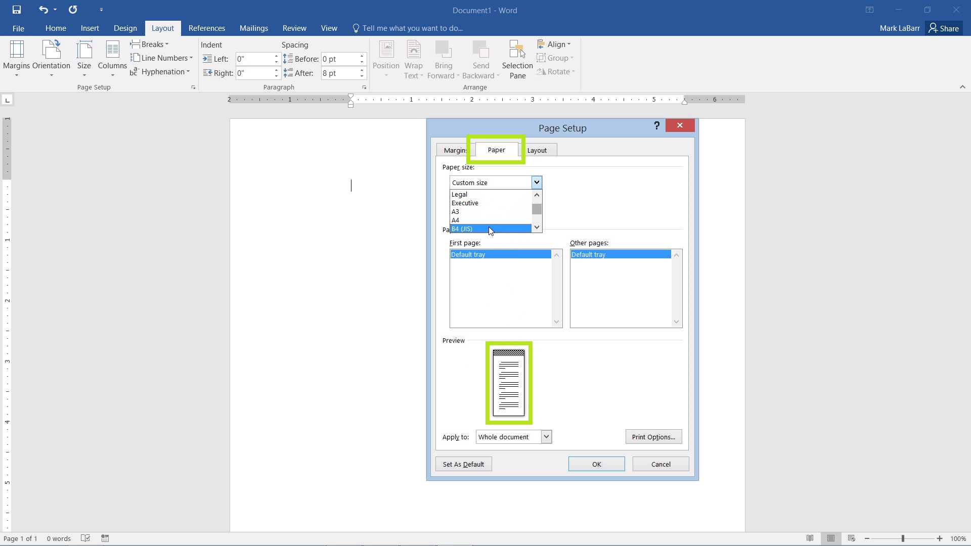 how to change the margins in word landscape table