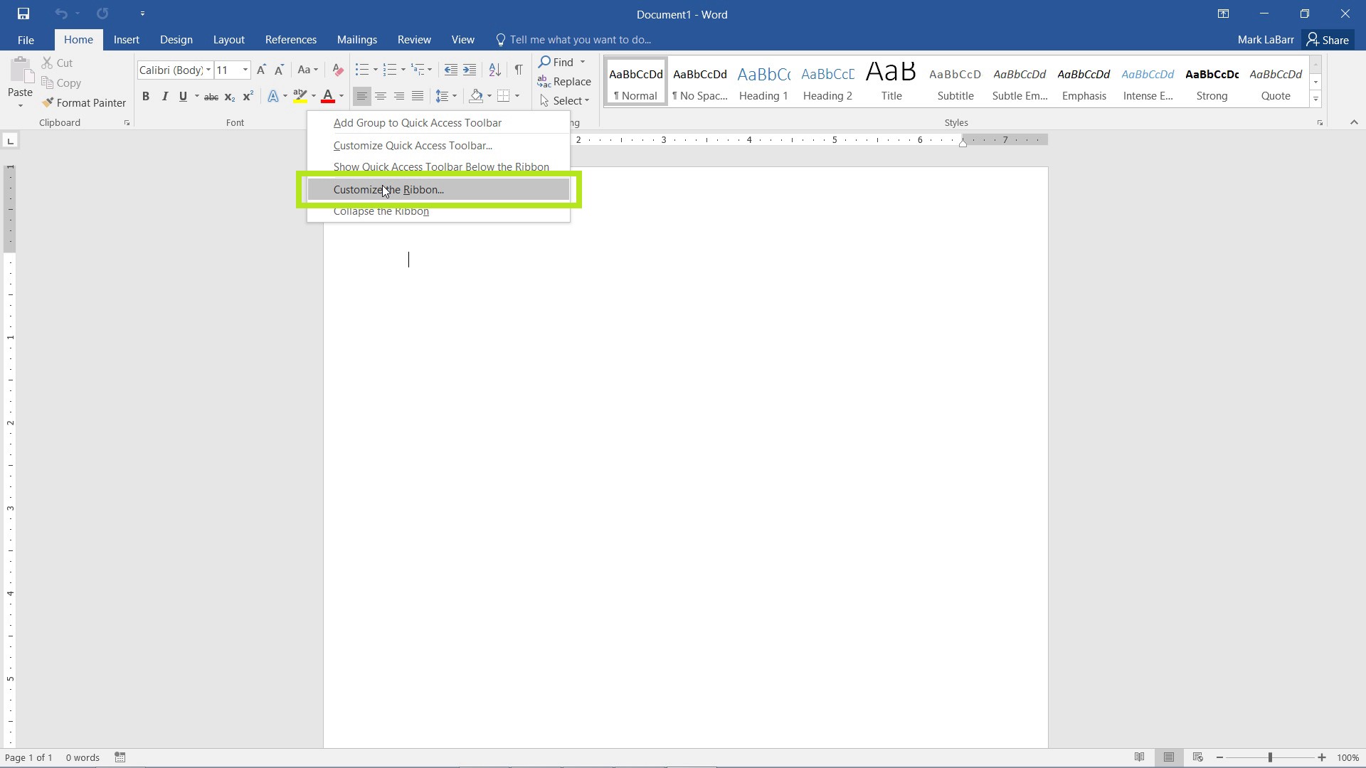 Customize the Ribbon in Word 2016