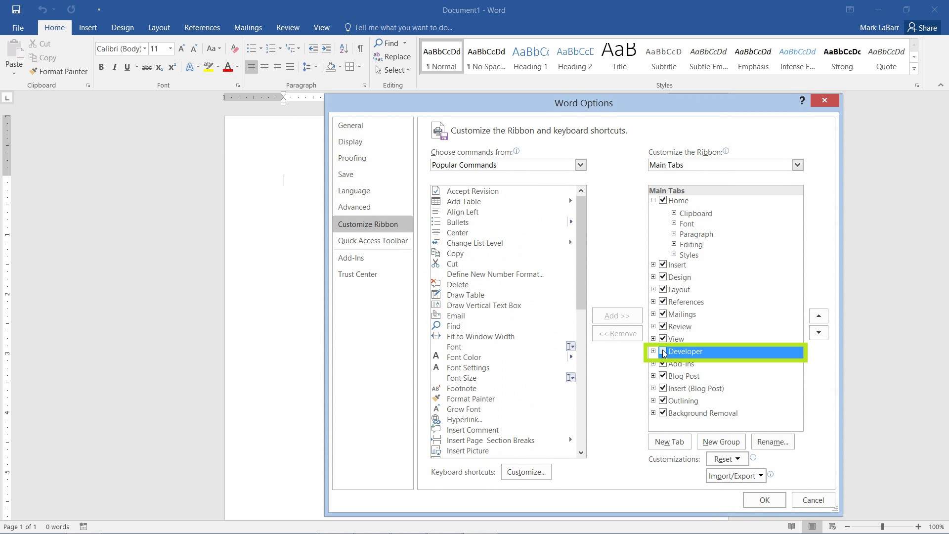 Customize the Ribbon in Word 2016