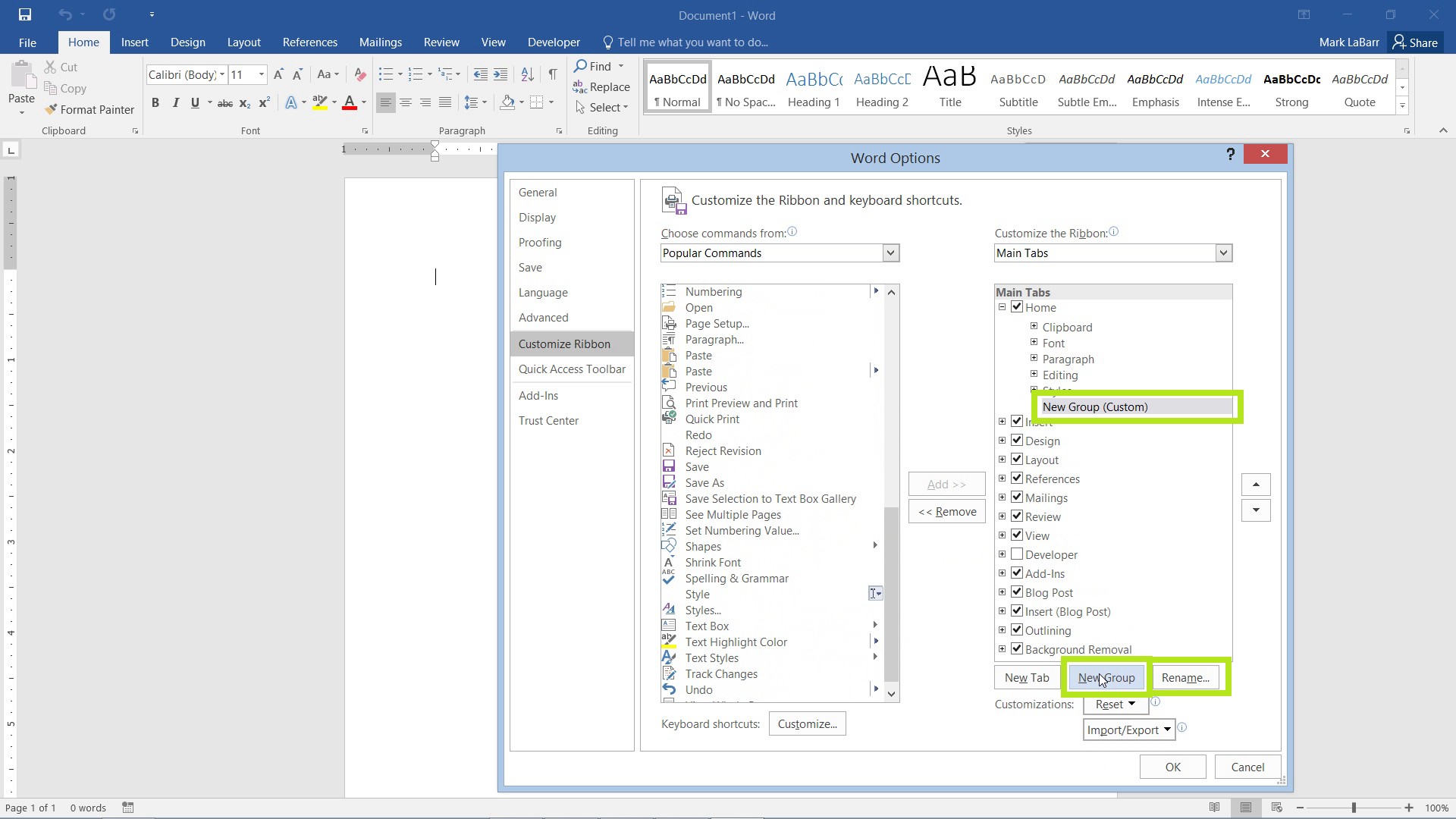 Customize the Ribbon in Word 2016