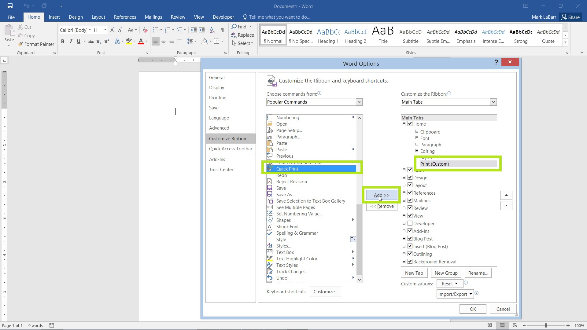 Customize the Ribbon in Word 2016