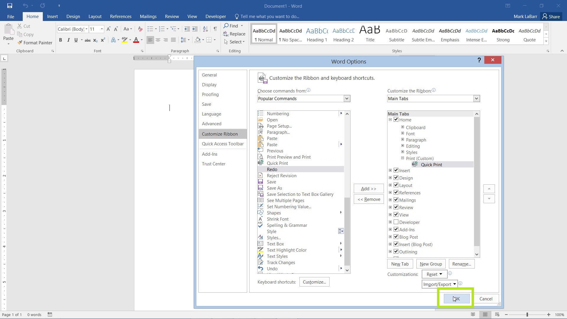 Customize the Ribbon in Word 2016