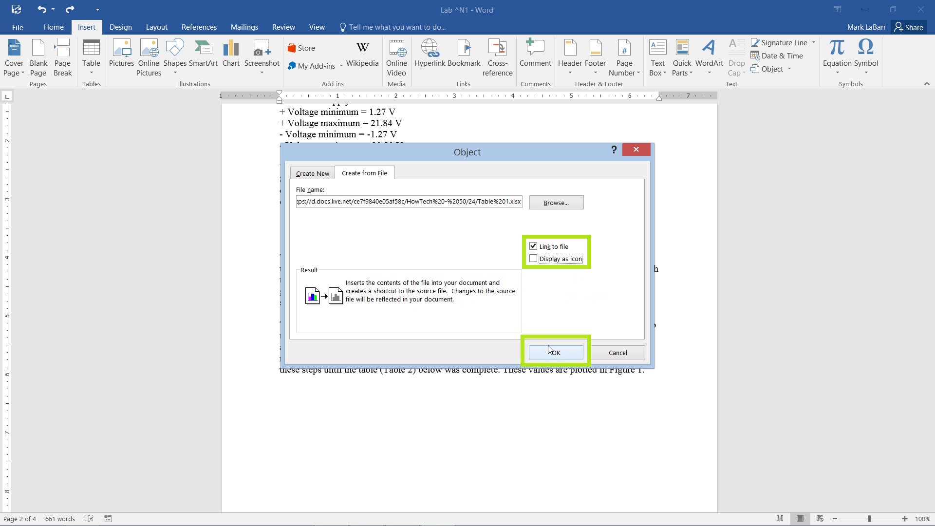  Insert Excel Charts into Word 2016