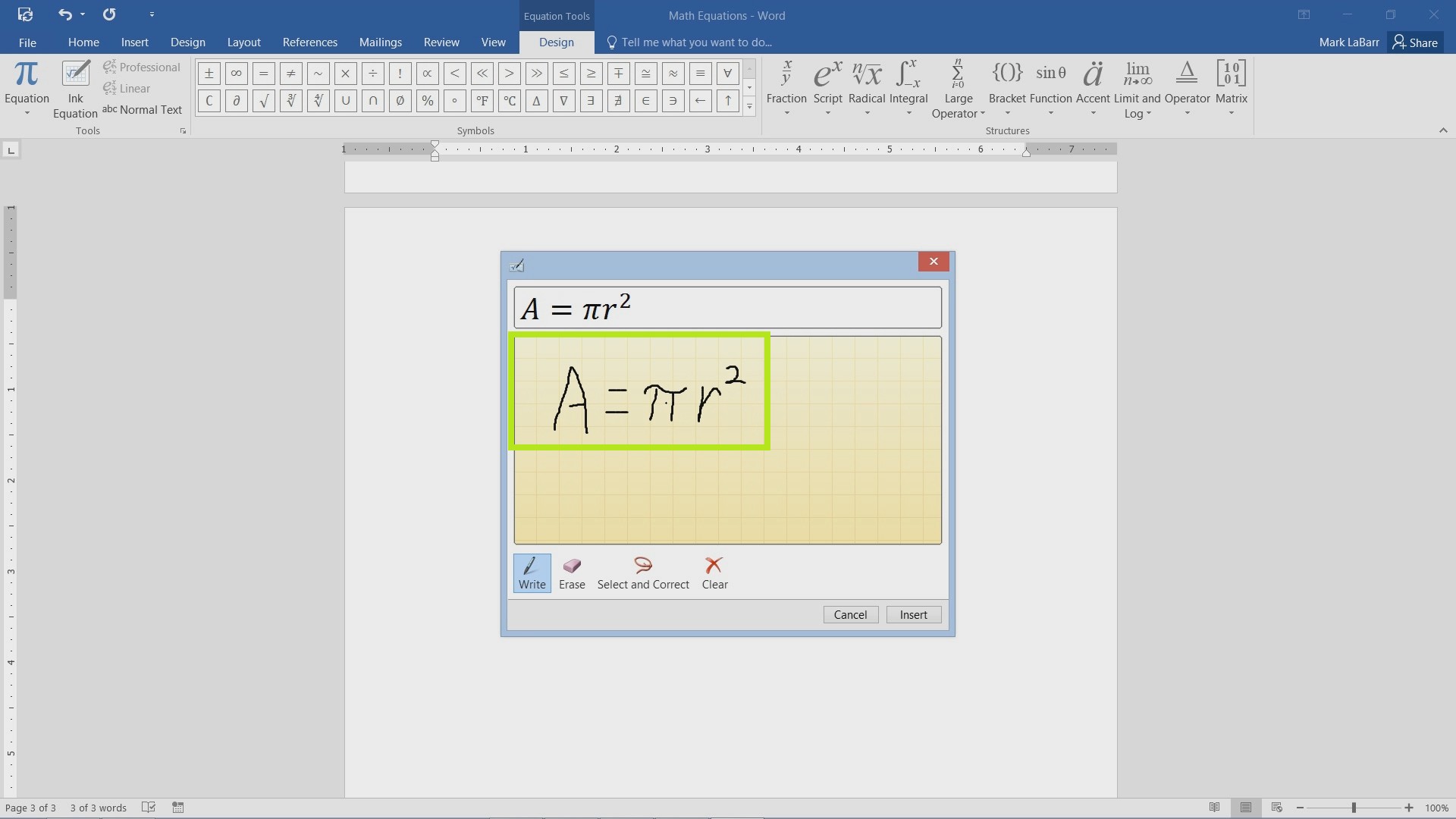 insert equation in word tablet