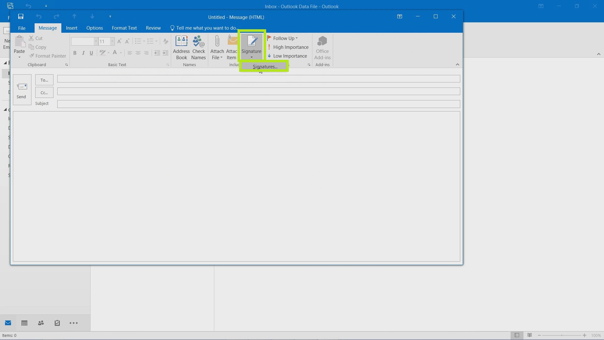 outlook 2016 insert table into signature