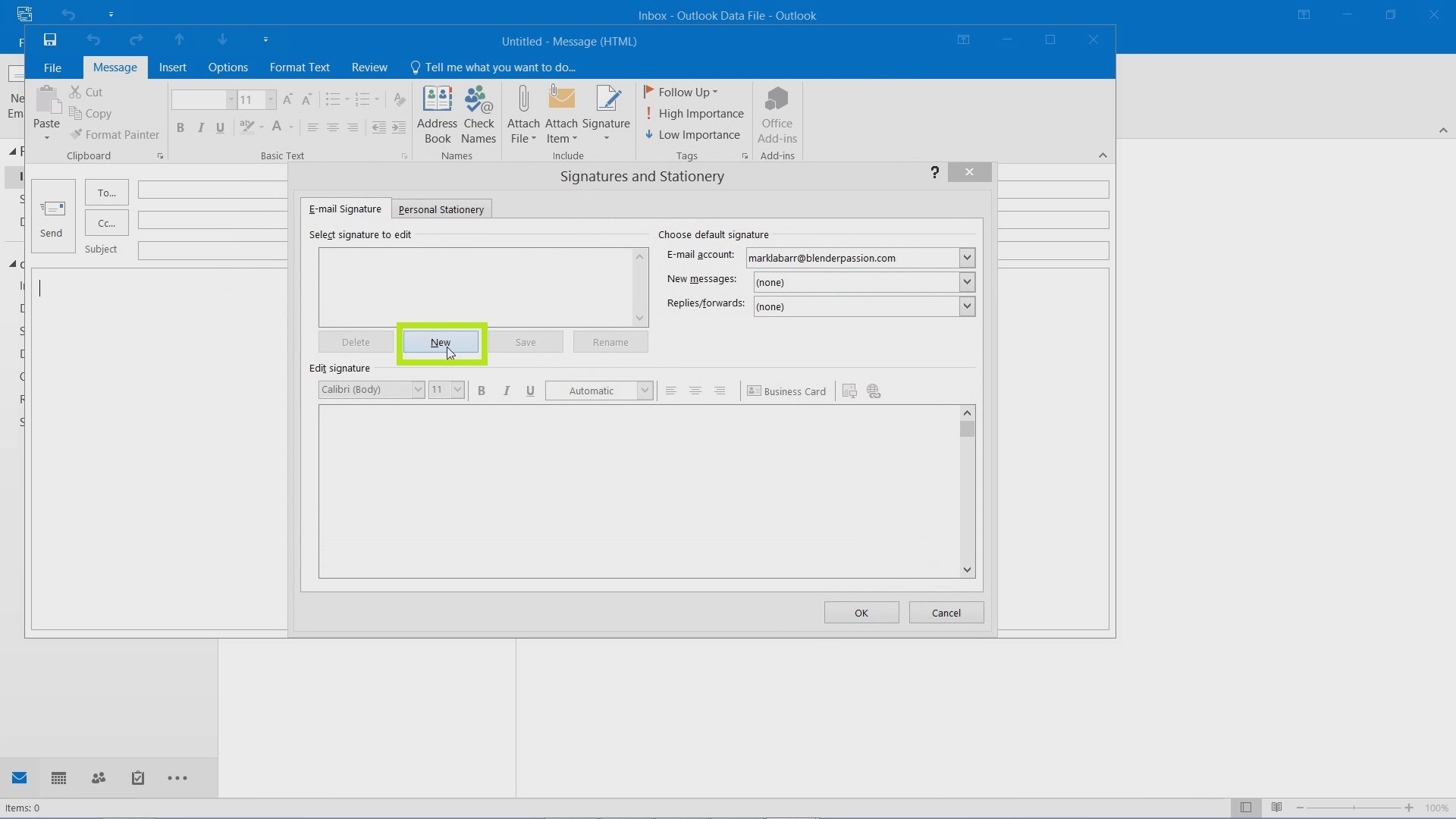 outlook 2016 insert table into signature